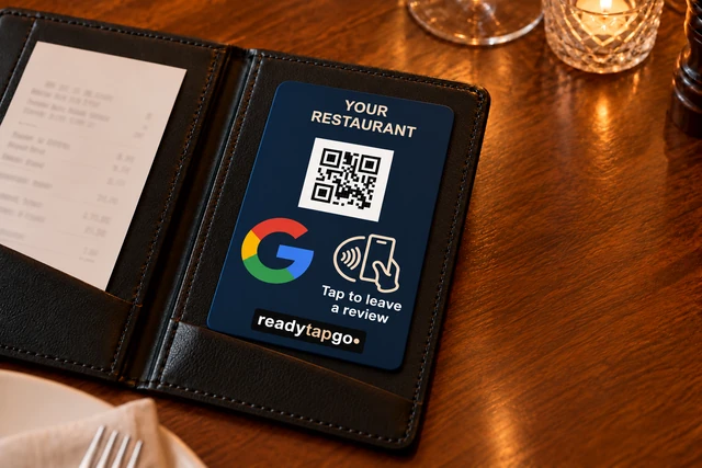Large Google review CheckTap with QR above the Google G and phone-and-hand tap target beside the review instruction