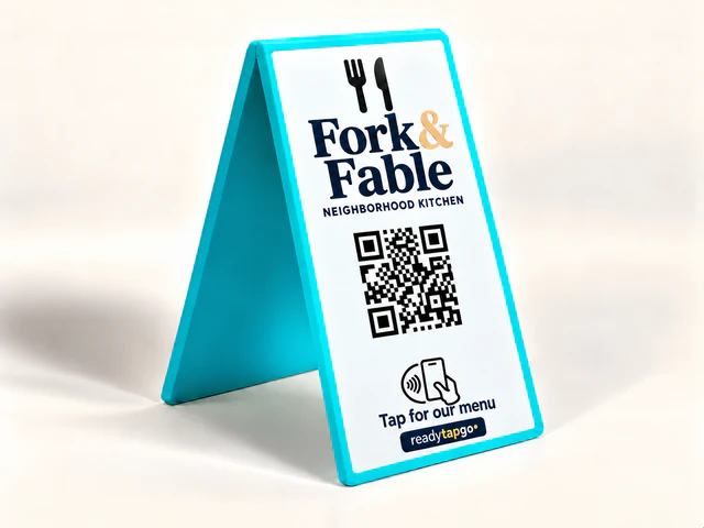 Fork & Fable — Neighborhood kitchen · Tap for our menu — personalized printed NFC and QR sign