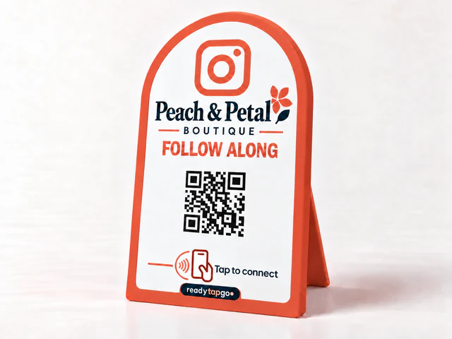Peach & Petal — Boutique · Follow along — personalized printed NFC and QR sign