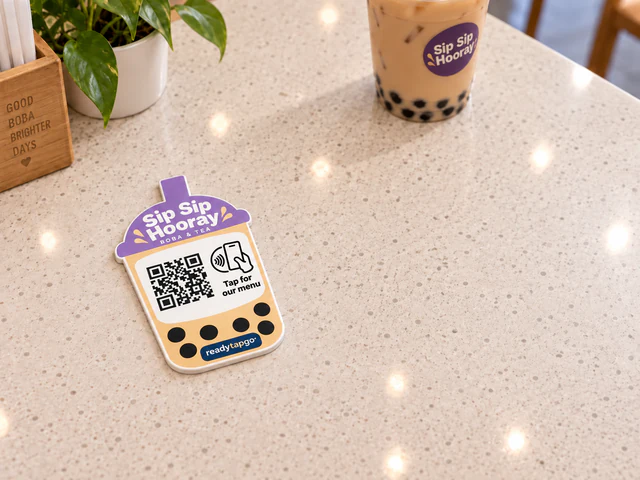Sip Sip Hooray — Boba & tea · Tap for our menu — personalized printed NFC and QR sign