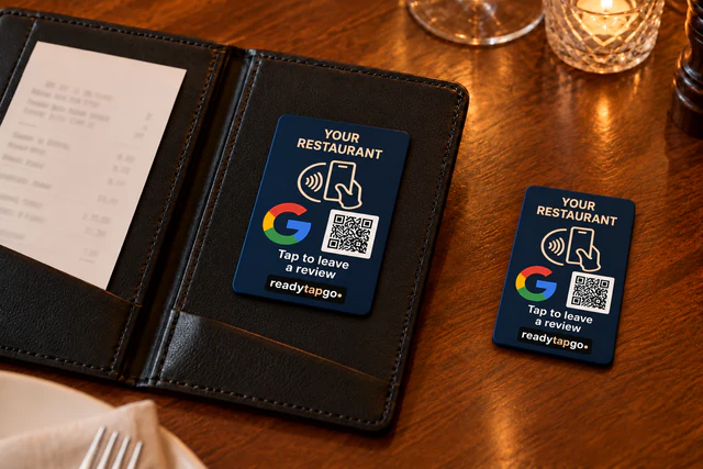 Google review CheckTap inserts with a four-color Google G, QR code and flush Ready Tap Go maker badge