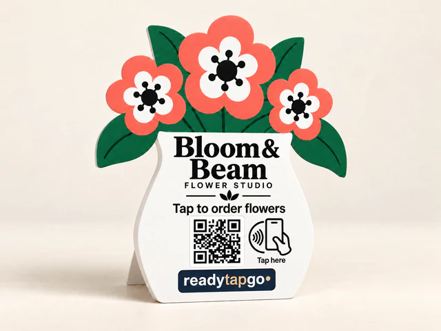Bloom & Beam — Flower studio · Tap to order flowers — personalized printed NFC and QR sign