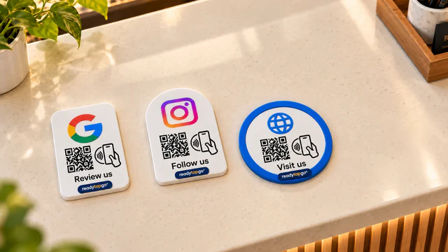 Google review, Instagram and website plaques displayed flat on a countertop