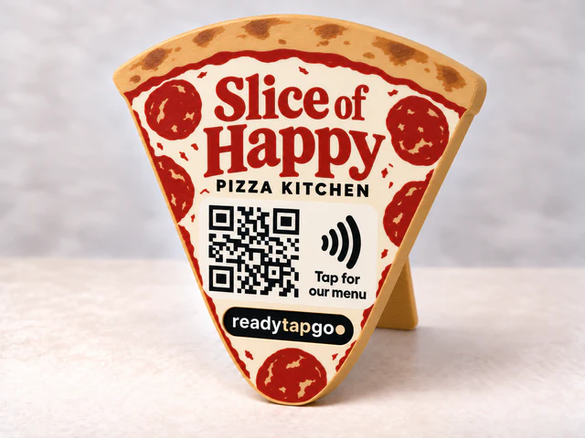 Slice of Happy — Pizza kitchen · Tap for our menu — personalized printed NFC and QR sign
